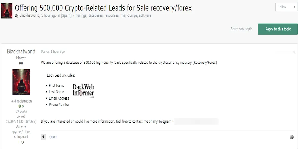 Alleged Sale of 500,000 Crypto Leads