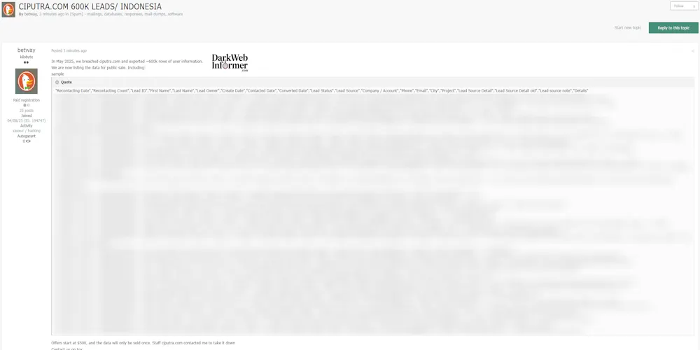 Alleged Data for Sale of Ciputra Group