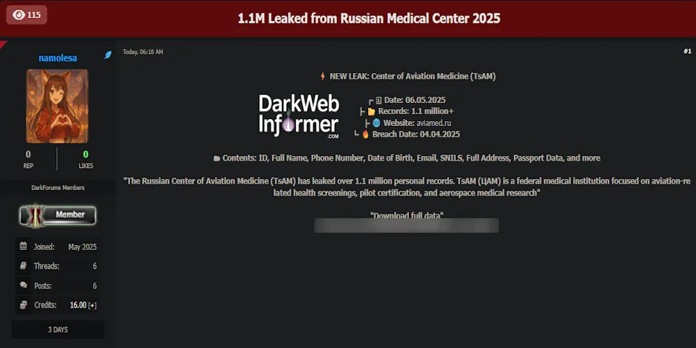 Alleged Leak of 1.1 Million Records of Center of Aviation Medicine, Russia
