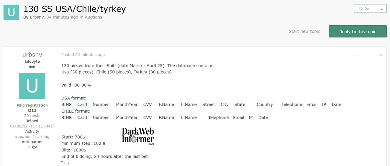 Alleged Sale of Credit Card Data from Chile, Turkey, and USA