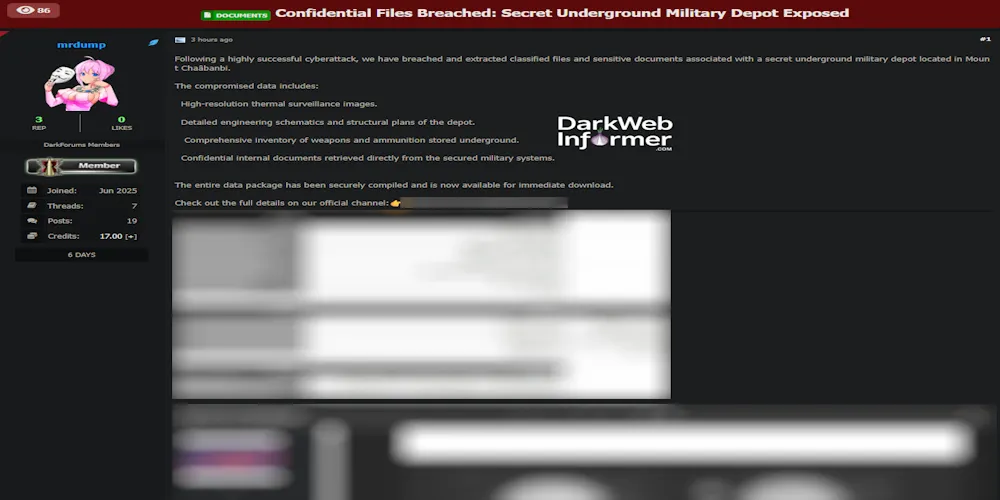 Alleged Data Breach of Unidentified Secret Underground Military Depot Mount Chaâbanbi