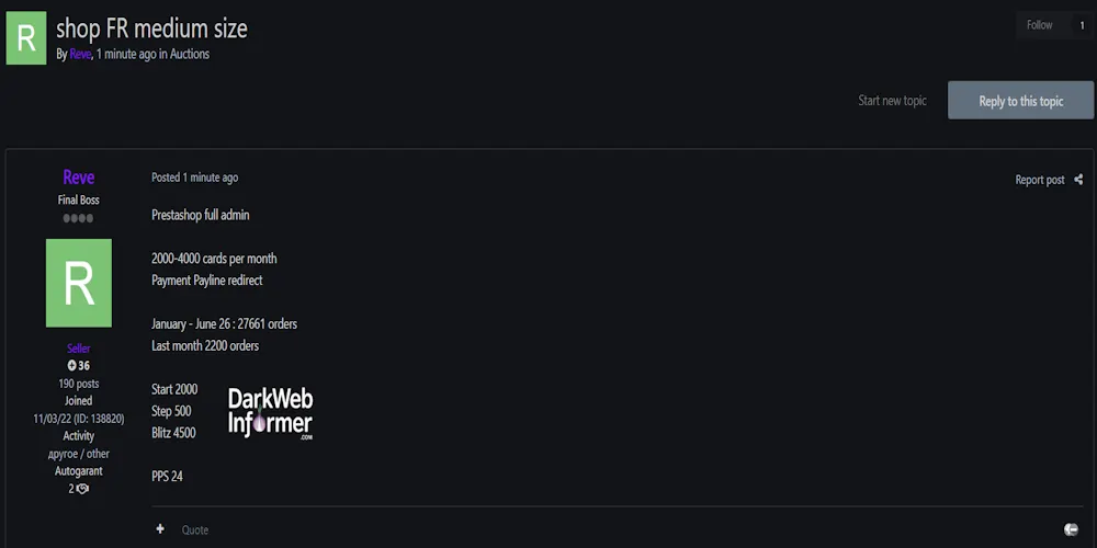 Alleged Sale of Unauthorized Admin Access to an Unidentified E-Commerce Site in France
