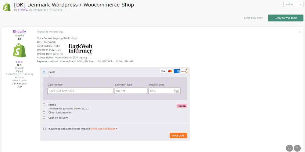 Alleged sale of unauthorized admin access to an unidentified E-Commerce store in Denmark