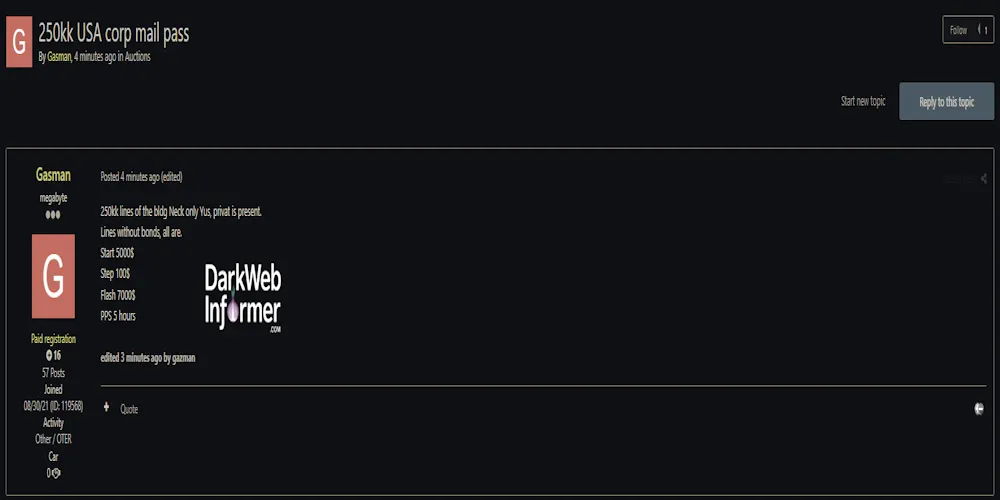 Alleged Sale of 250 Million U.S. Corporate Email and Password Combinations