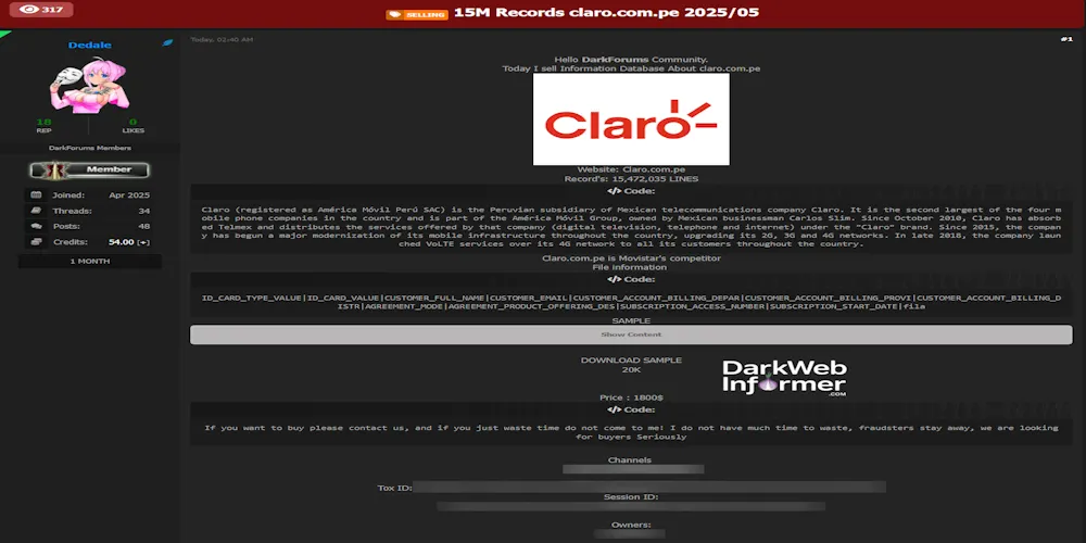 Alleged data breach of Claro – 15.4 Million Customer Records Breached