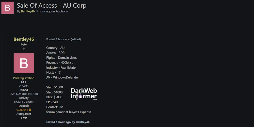 Alleged Sale of RDP Access to an Unidentified Real Estate Company in Australia