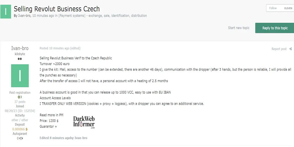 Alleged sale of Revolut Business Account Verified for Czech Republic