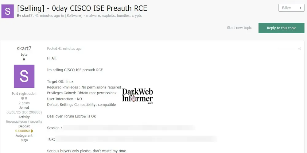 Alleged sale of Cisco ISE Pre-auth Remote Code Execution (0day) Exploit