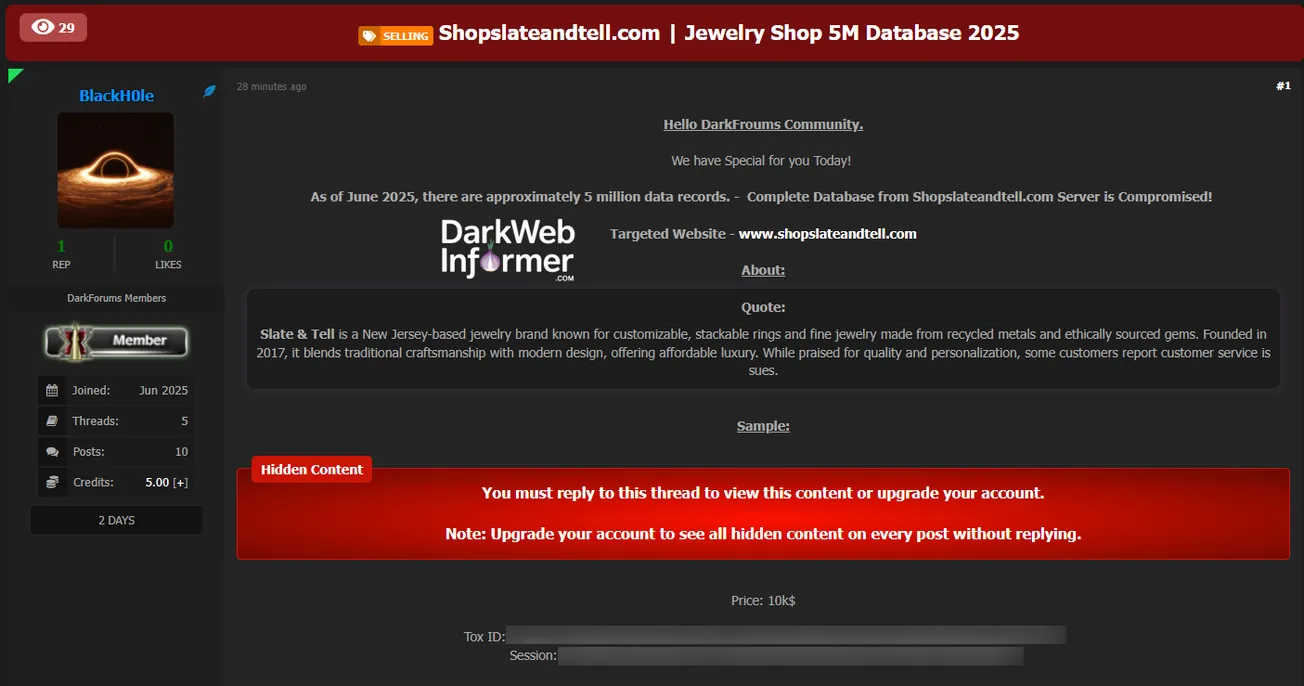 Alleged breach of Slate & Tell – 5M Jewelry Customer Records Exposed