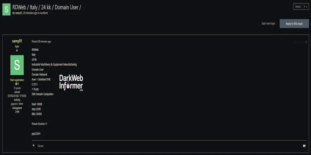 Alleged Sale of RDWeb Access to Italian Industrial Machinery Firm