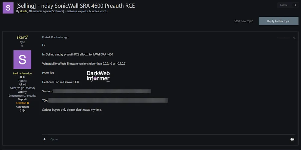 Alleged sale of 0-day SonicWall SRA 4600 Preauth RCE