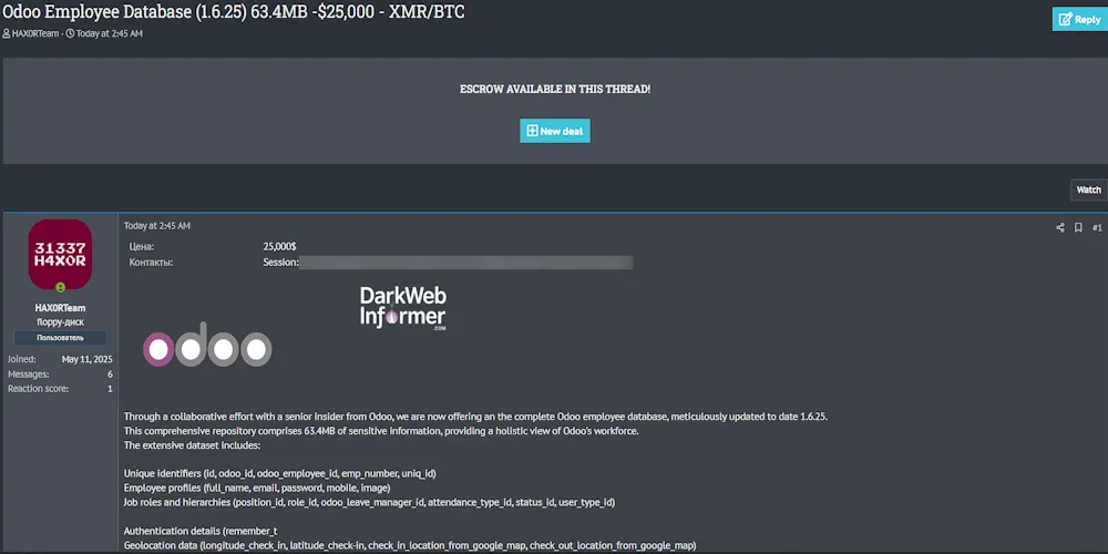 Alleged breach of Odoo S.A. – Full Employee Database (63.4MB) for Sale at $25,000