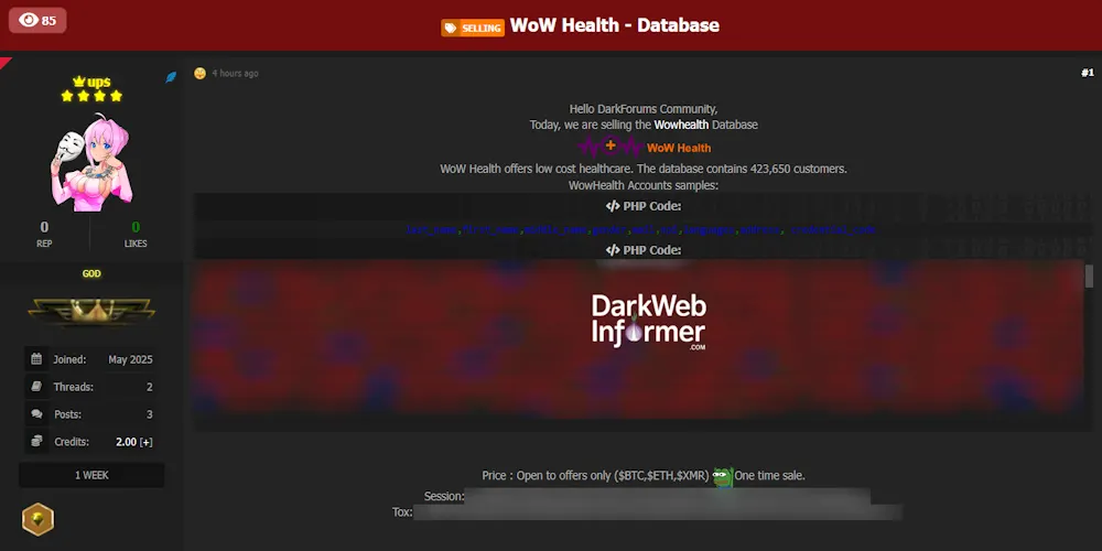 Alleged sale of WoW Health database – 423,650 Customer Records Exposed