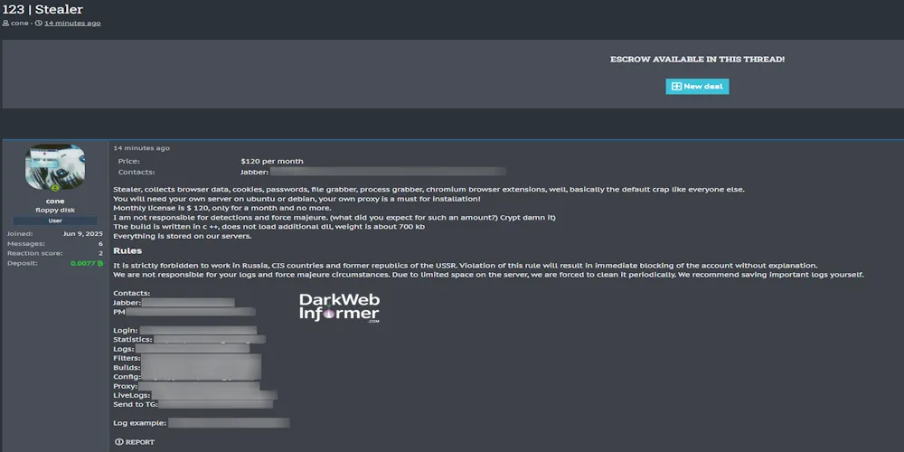 Alleged Sale of Custom Stealer Malware on XSS Forum