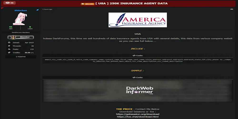 Alleged Data Sale of Multiple Insurance Agents from USA