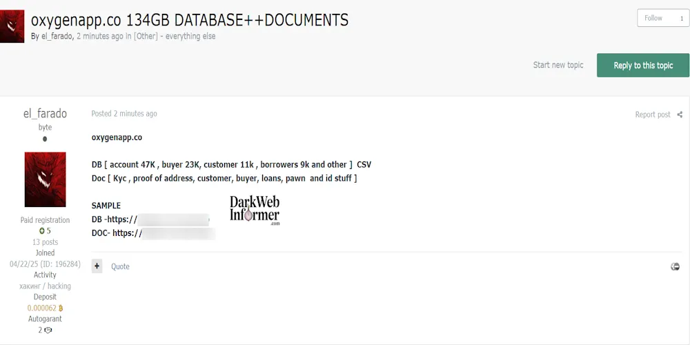 Alleged data breach of Oxygen – 134GB of Financial and Identity Documents Leaked