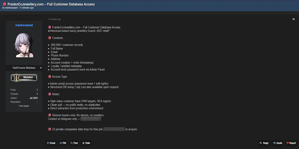 Alleged Sale of Admin Access to Frank & Co. Jewellery