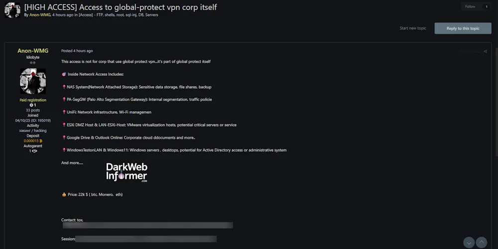Alleged Sale of Unauthorized Access to GlobalProtect VPN