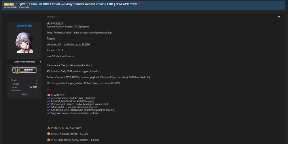 Alleged Sale of Premium Cross-Platform RCS Exploit Chain Targeting Windows, Android, and macOS