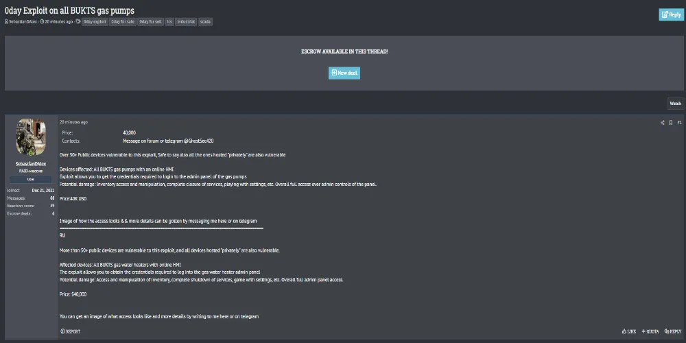 Alleged Sale of Zero-Day Exploit Targeting BUKTS Gas Pump Admin Panels