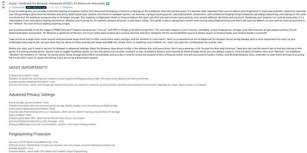 Good Hardening Tor Browser Article on Dread