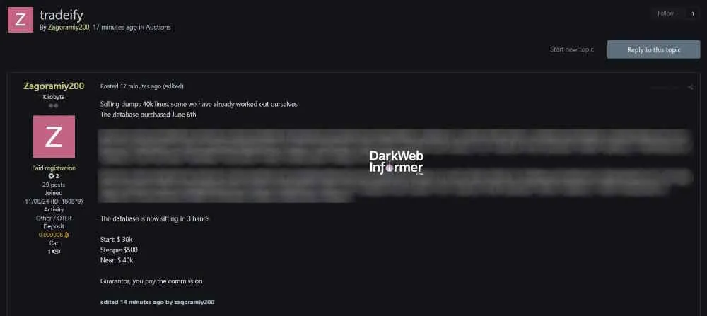 Alleged Data Breach of Tradeify