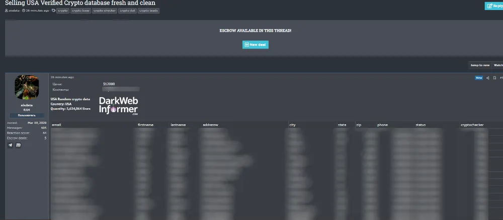 Alleged Sale of Cryptocurrency Database Containing 5.6M U.S. Records