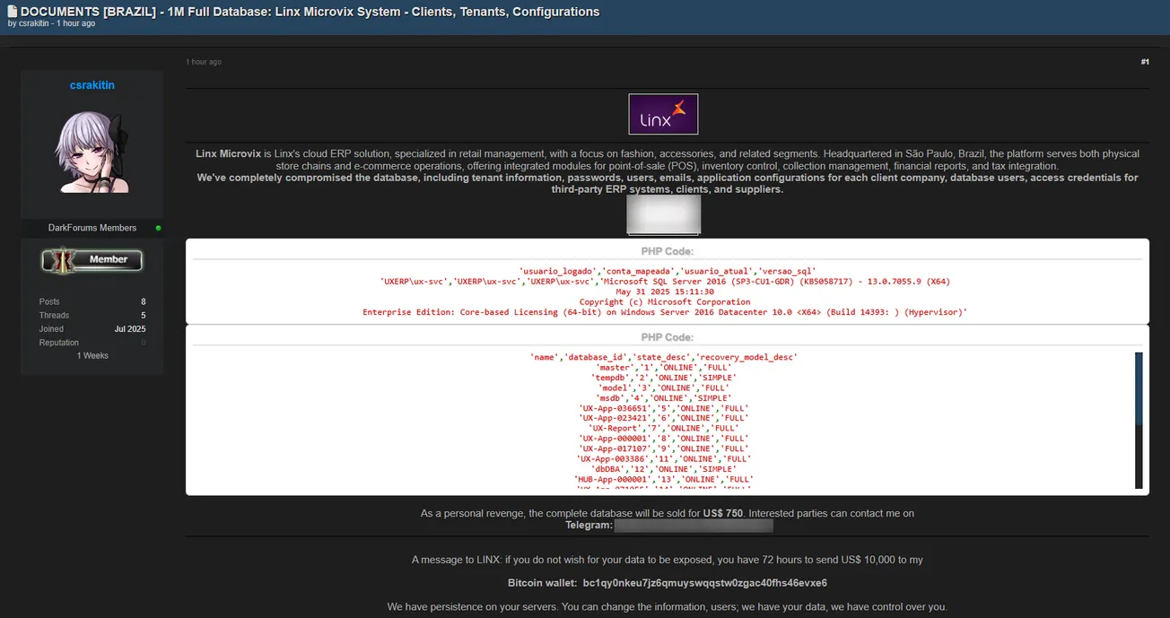 Alleged Full Database Breach of Linx Microvix ERP System