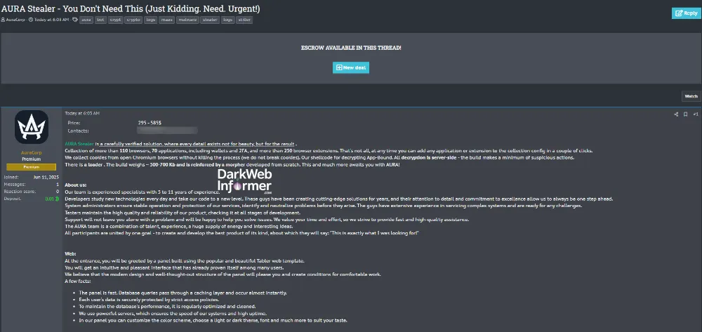 Alleged Sale of the AURA Stealer Malware Toolkit