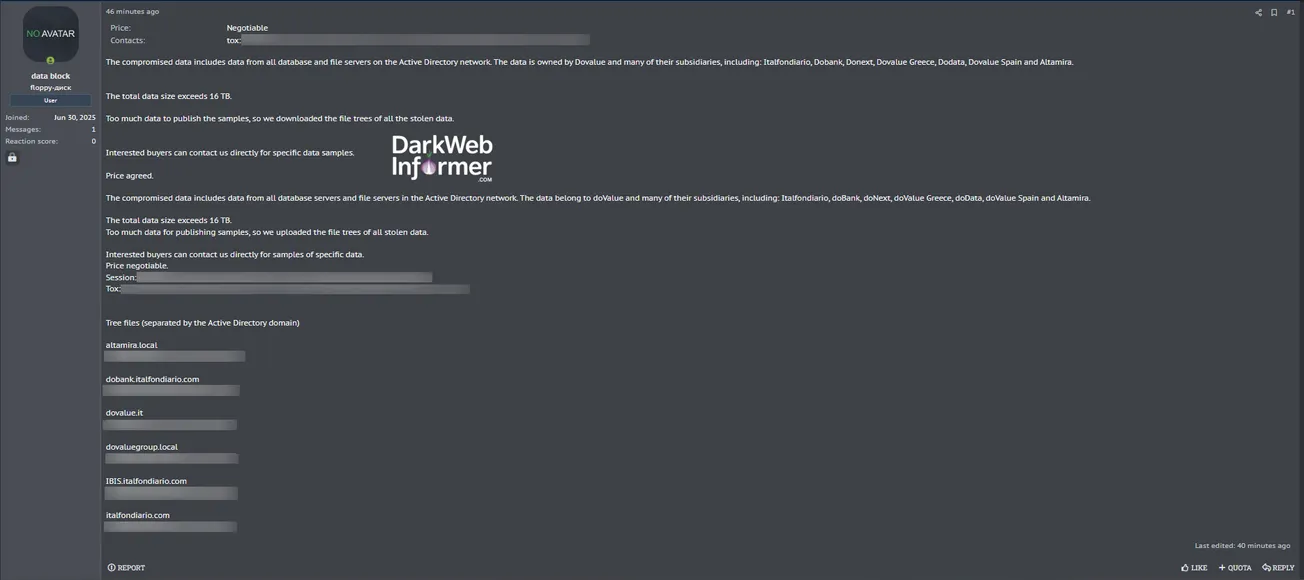 Alleged Data Sale of doValue S.p.A.