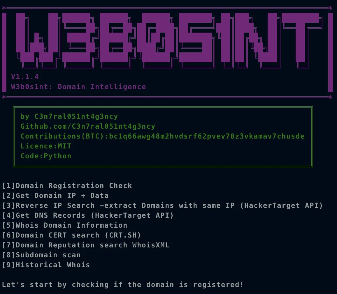 W3b0s1nt (WebOSINT): A Python script for passive Domain Intelligence gathering