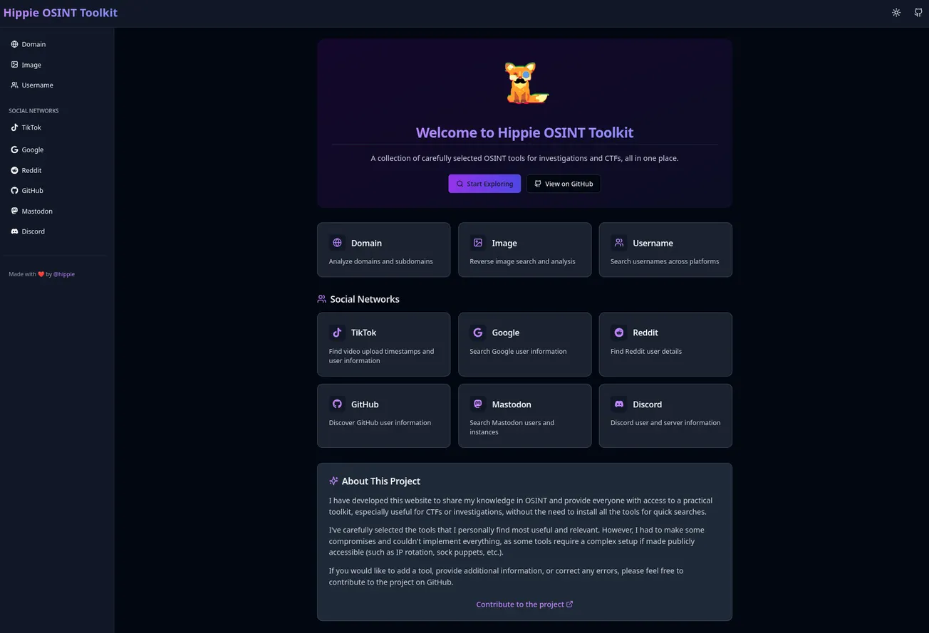 Hippie OSINT Toolkit (HOT): An OSINT toolkit providing informations on techniques and simple tools packaged in a nice responsive UI