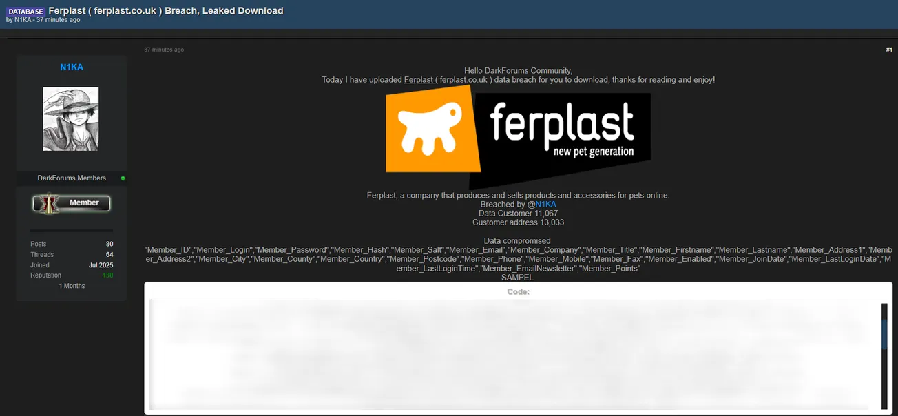 Alleged Data Breach Exposes Customer Records from Ferplast World UK Online Store
