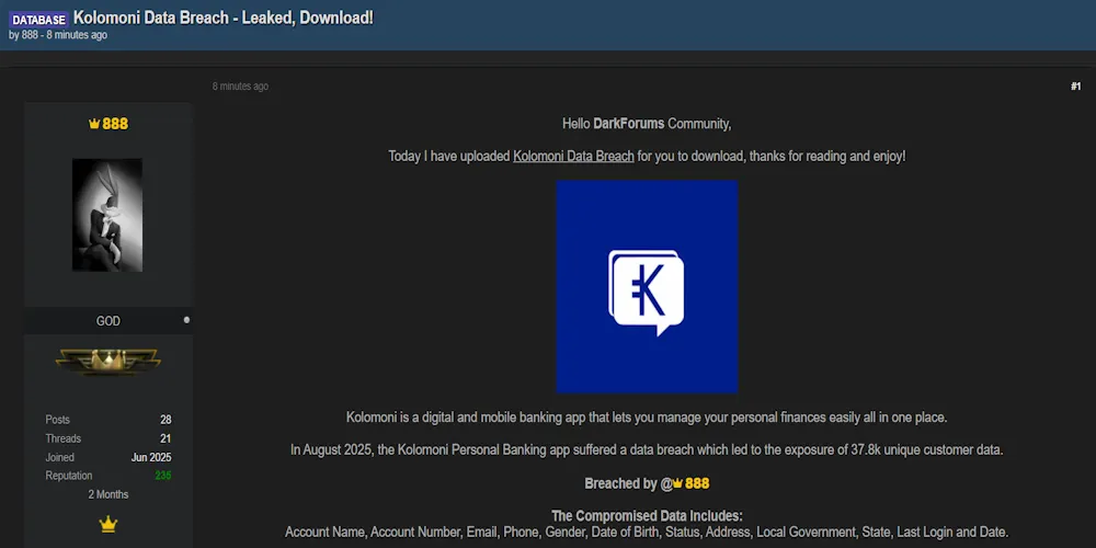 Alleged Data Breach Exposes 37,800 Customer Records from Kolomoni Banking App