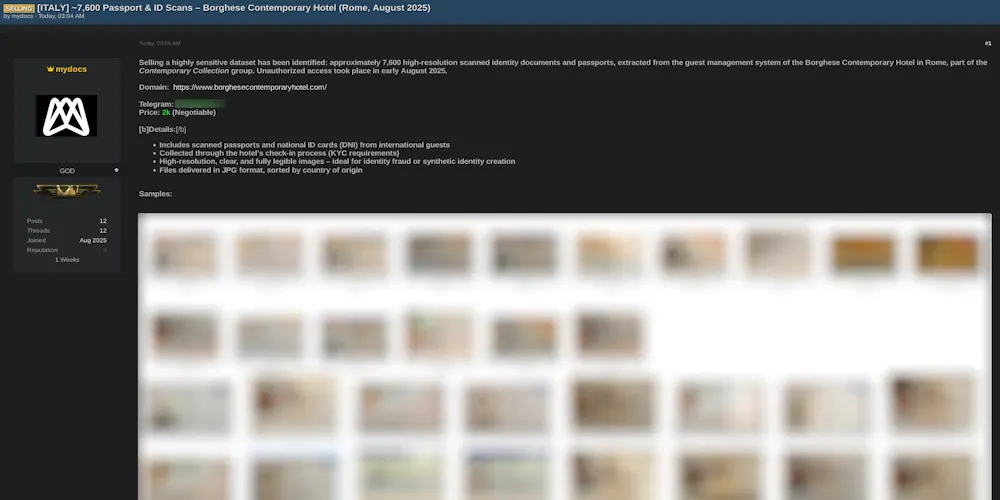 Borghese Contemporary Hotel Data Breach, 7,600 Passport and ID Scans Allegedly Exposed