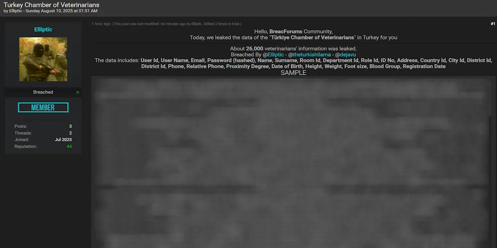 26K Veterinarian Records from Turkey Chamber of Veterinarians Breached