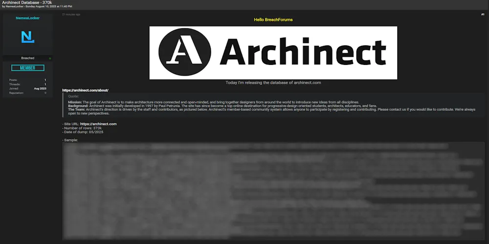 Archinect Database Breach, 373K User Records Allegedly Exposed