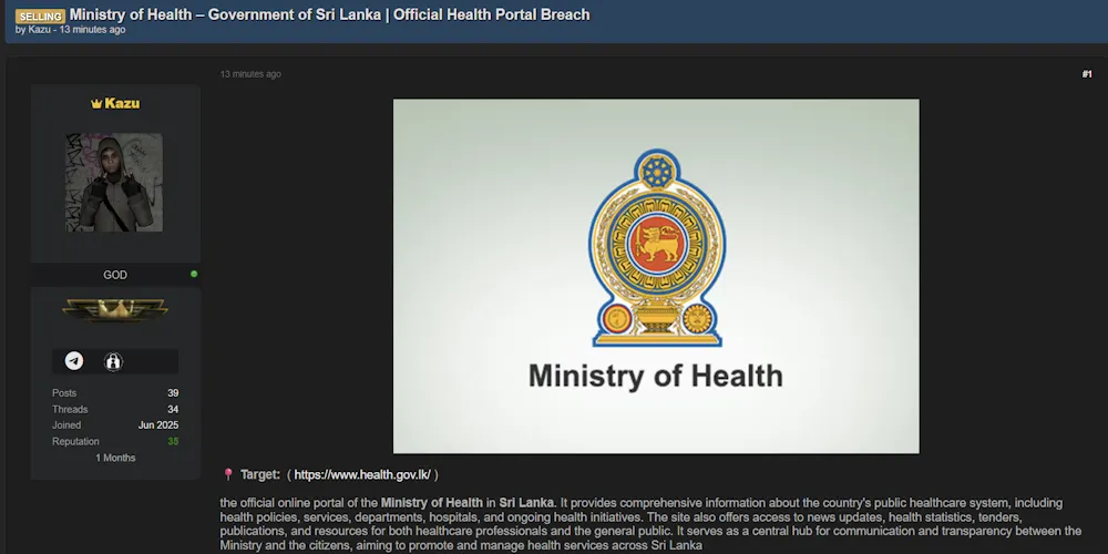 Ministry of Health Sri Lanka Data Sale, 398,769 Records Allegedly for Sale