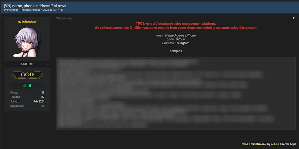 2 Million Customer Records from Vietnam’s TPOS Platform Breached, Names, Phones, and Addresses for Sale