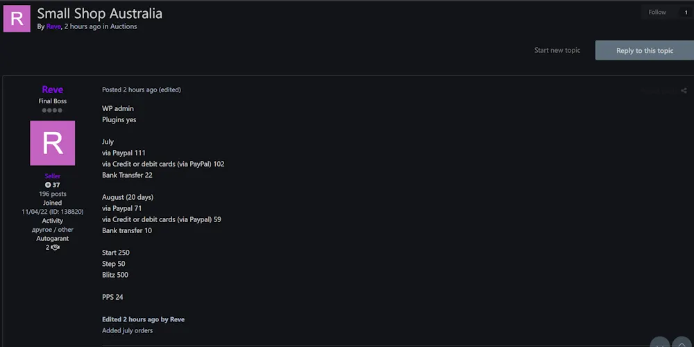 Alleged Sale of WP Admin Access to an Unidentified Shop in Australia