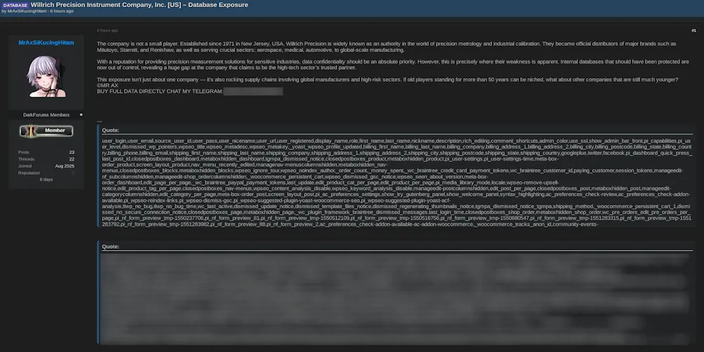 Alleged Data Breach Exposes Sensitive Login Records from Willrich Precision Instrument Company, Inc.