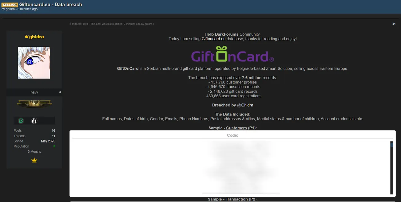 Alleged Data Breach Exposes 7.6 Million Records from GiftOnCard Serbia