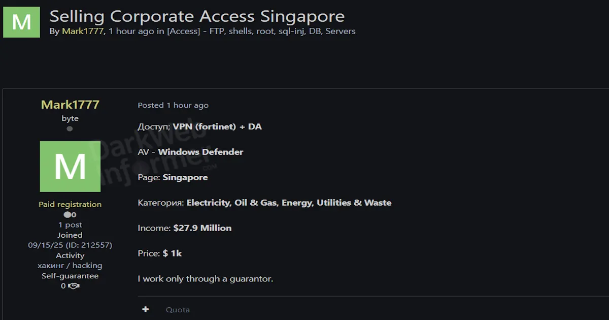 Alleged Sale of Corporate VPN & Domain Admin Access to a Singapore Company