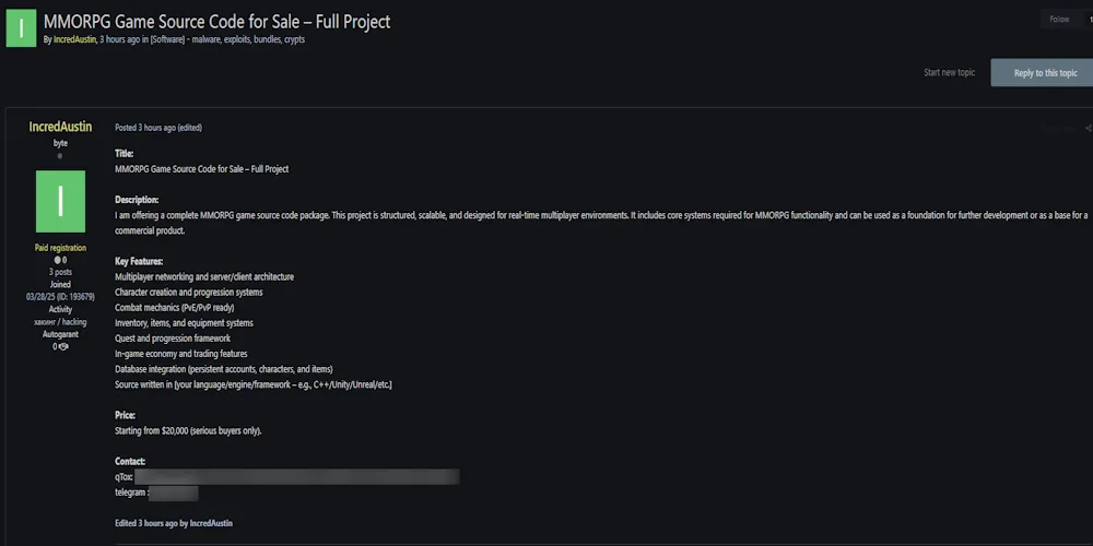 Alleged Sale of MMORPG Game Source Code on Dark Web Forum