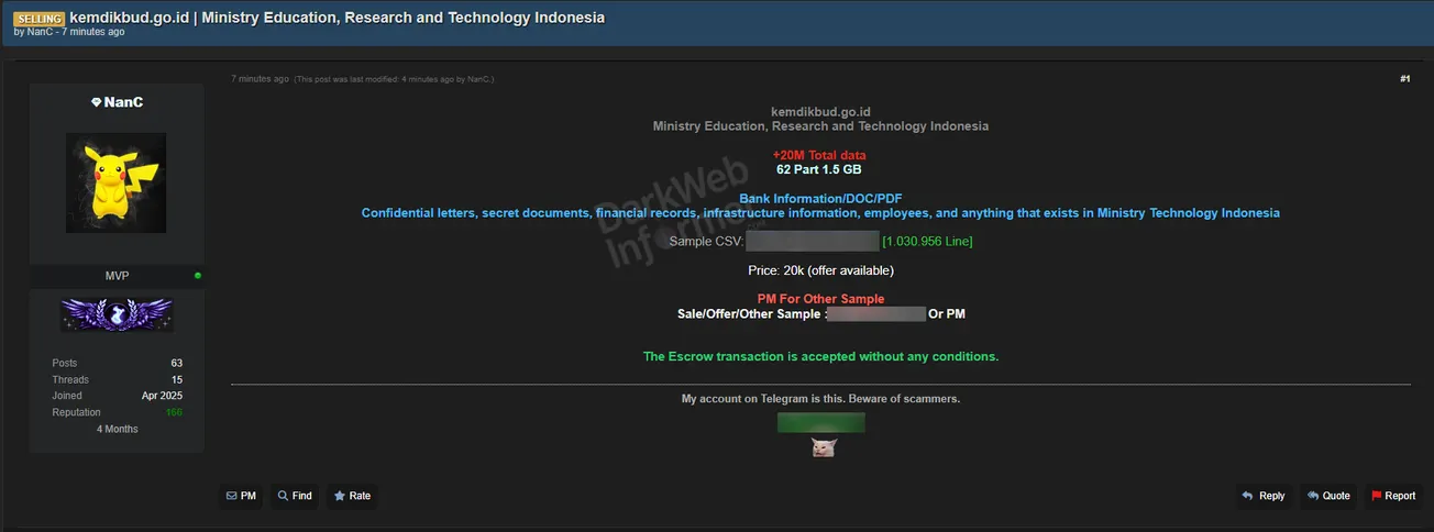 Alleged data sale of Ministry of Education, Research and Technology Indonesia
