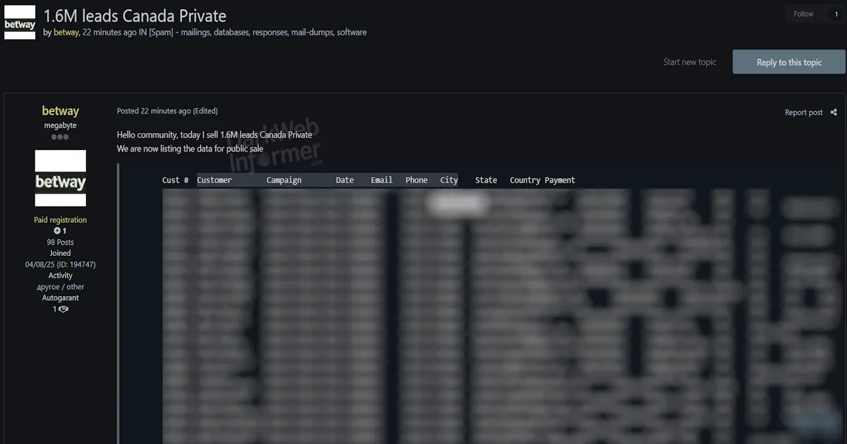 Alleged Sale of 1.6M Leads from Canada