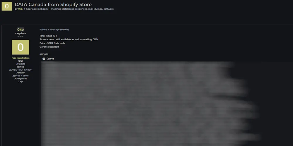 Alleged Sale of Data from a Shopify Store in Canada