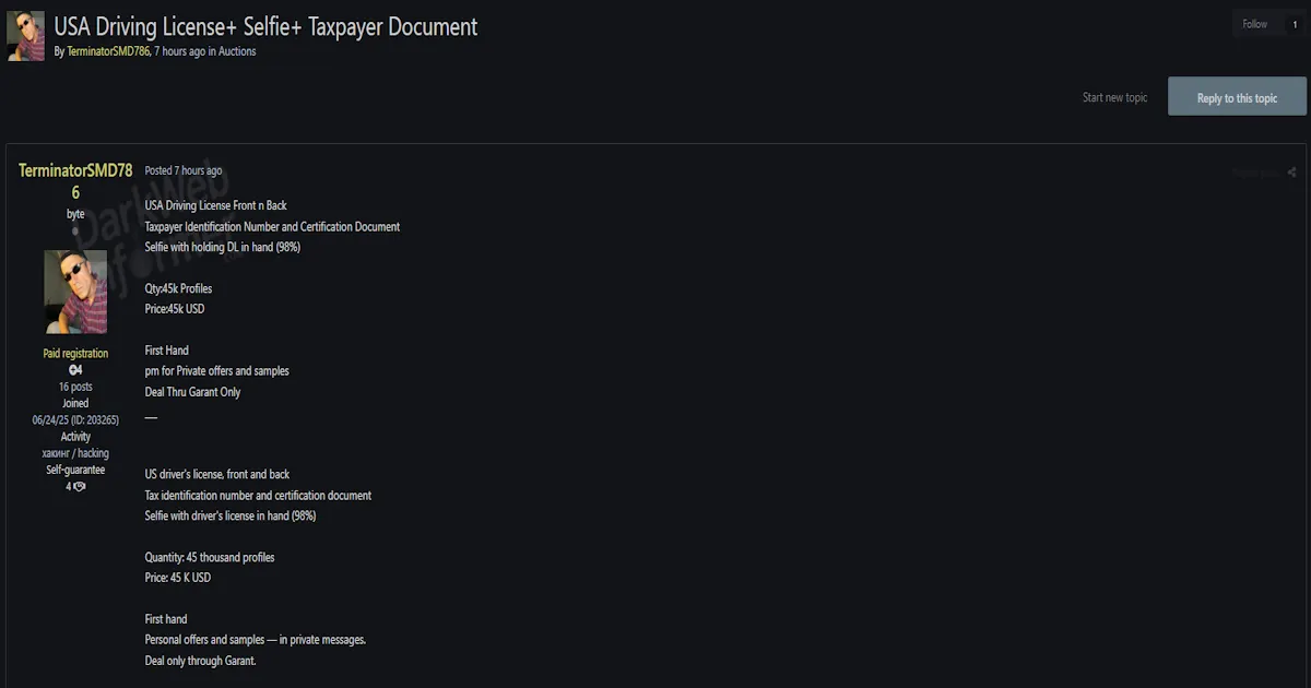 Alleged Sale of U.S. Driver’s Licenses, Selfies, and Taxpayer Documents