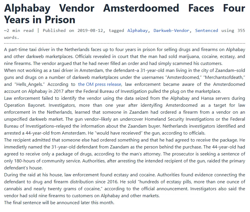 [Darknetlive Archive] Alphabay Vendor Amsterdoomed Faces Four Years in Prison