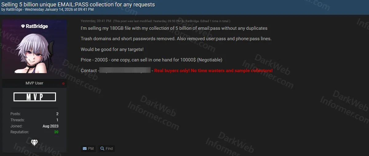 Threat Actor Claims to Sell 5 Billion Unique Email:Password Credential Compilation